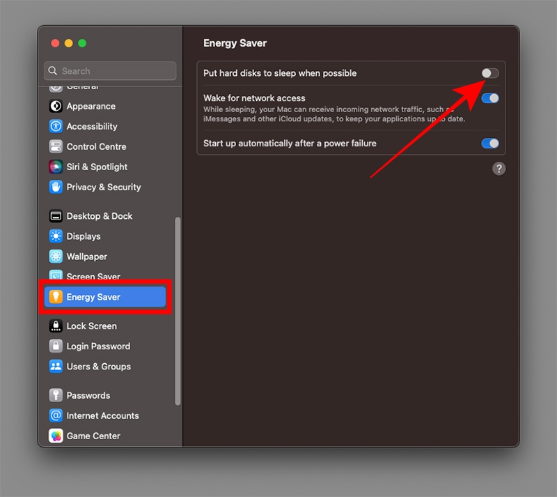 energy saver option in system settings on mac