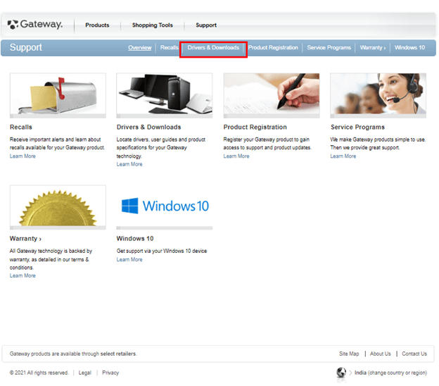 Gateway Official Website and Click on Drivers and Downloads