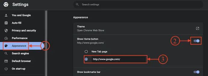 หน้าแรกในเบราว์เซอร์ Google Chrome