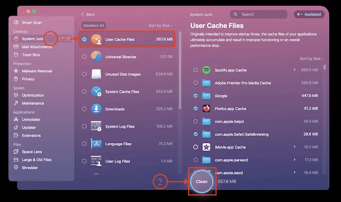 Seleccione la memoria caché del navegador en CleanMyMac X