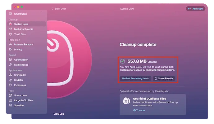 Pulizia completata in CleanMyMac X