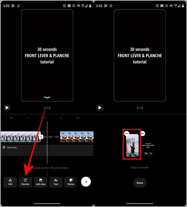 reordering clips on instagram reel editor