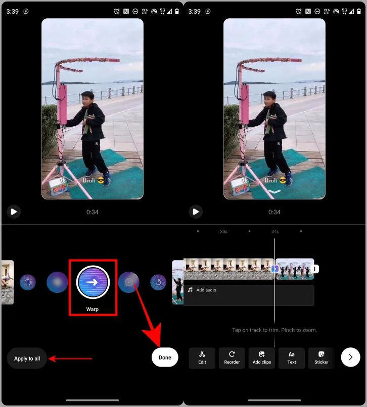 adding transition to instagram reel clips step 2