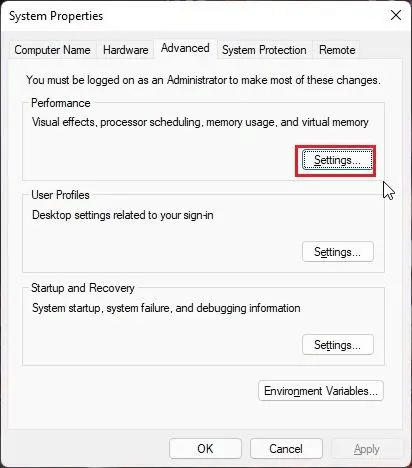 Settings from the Performance sectio