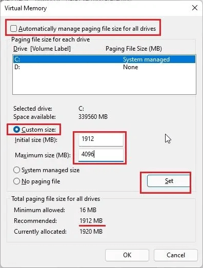 Automatically manage paging file size for all drives