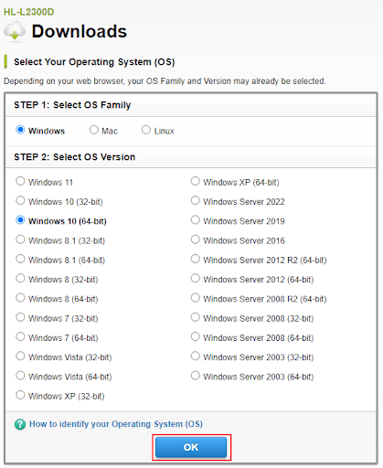 Select Operating System Brother HLL2300D Driver