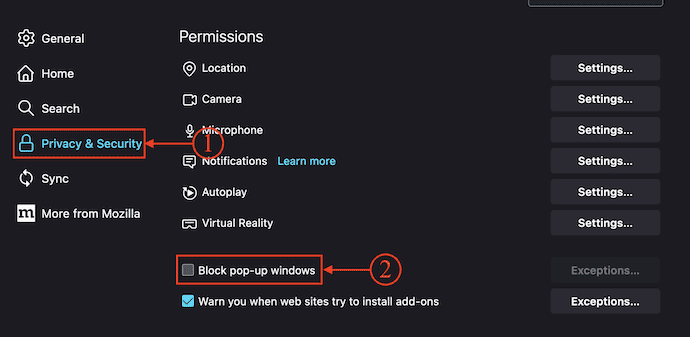 Dezactivați opțiunea de blocare a ferestrelor pop-up în Mozilla Firefox