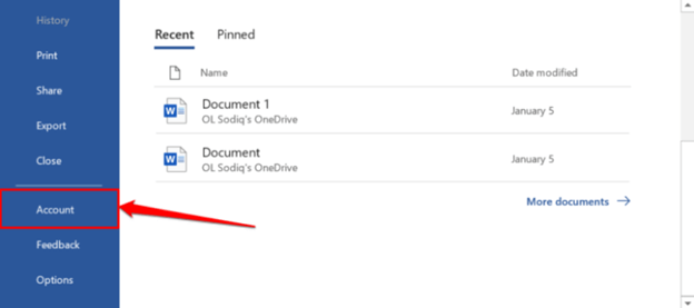 Microsoft OfficeAccount from the menu on the sidebar