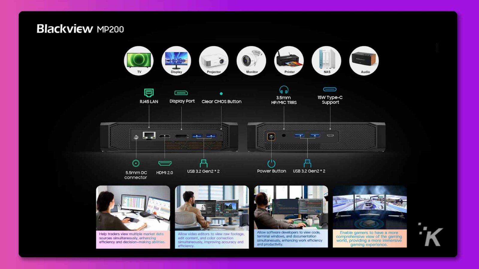 Esta imagem mostra os recursos de um monitor de projetor de exibição de TV Blackview MP200, que permite que comerciantes, editores de vídeo, desenvolvedores de software e jogadores visualizem vários dados de mercado, imagens brutas, código, janelas e documentação simultaneamente, melhorando a precisão, a eficiência do trabalho e experiência de jogo. Texto completo: Blackview MP200 TV Display Projetor Monitor Printe NAS Audic RJ45 LAN Display Port Clear CMOS Button 3,5 mm 15 W Type-c HP/MIC TRRS support 5,5 mm DC HDMI 2.0 USB 3.2 Gen2 . 2 Botão liga/desliga USB 3.2 Gen2 * 2 conector K Ajuda os comerciantes a visualizar vários dados de mercado Permitir que os editores de vídeo visualizem imagens brutas, Permitir que os desenvolvedores de software visualizem o código, Permitir que os jogadores tenham mais fontes simultaneamente, aprimorando o conteúdo de edição e as janelas do terminal de correção de cores, e documentação visão abrangente da eficiência do jogo e habilidades de tomada de decisão simultaneamente, melhorando a precisão e simultaneamente, melhorando o mundo da eficiência do trabalho, proporcionando uma eficiência mais imersiva. e produtividade. experiência de jogo.