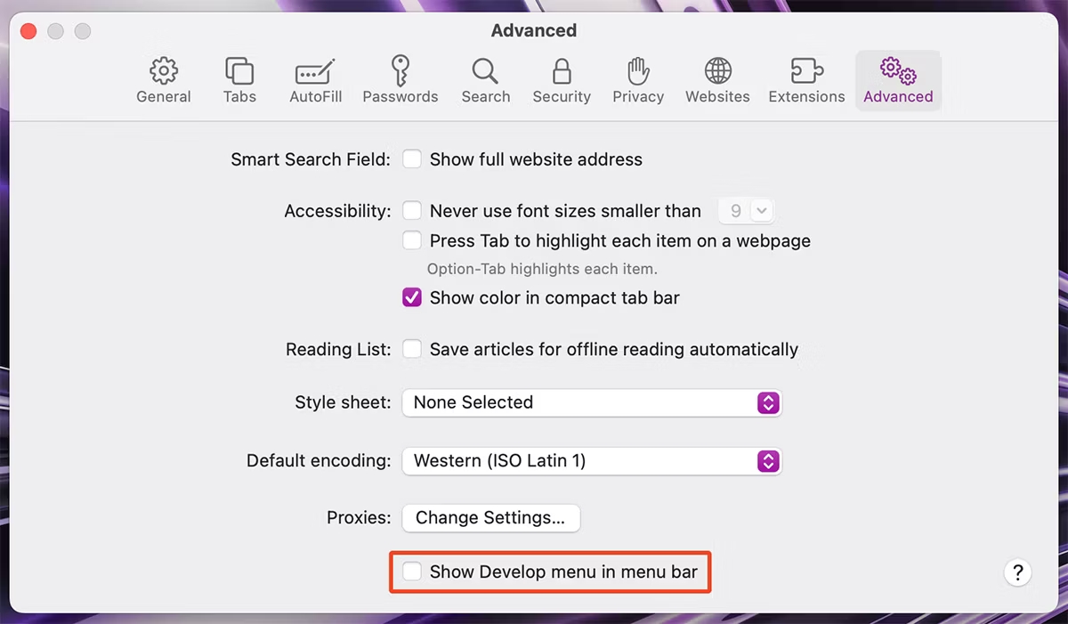 enabling developer menu in advanced safari settings on mac