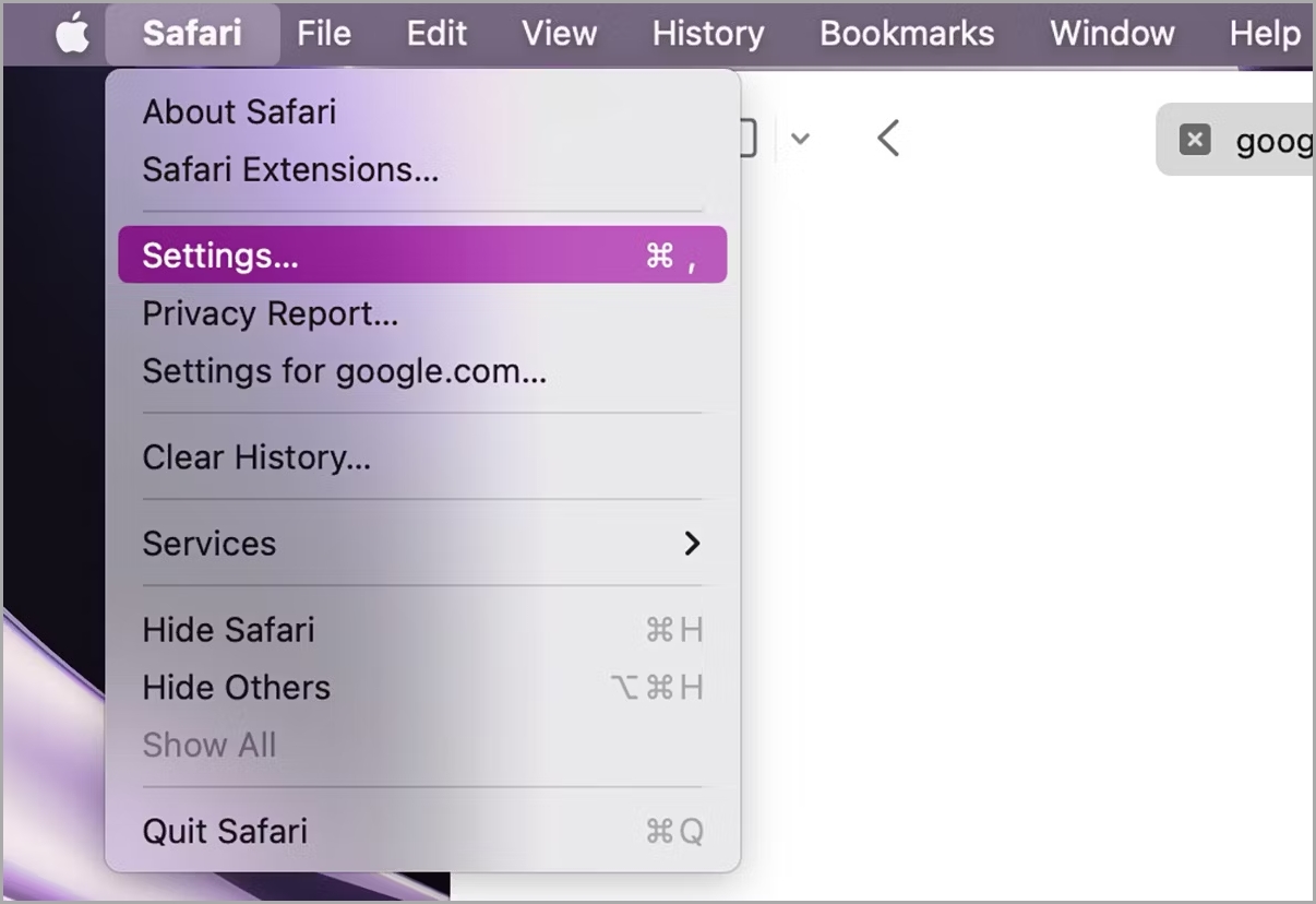 accessing safari menu from the menu bar on mac