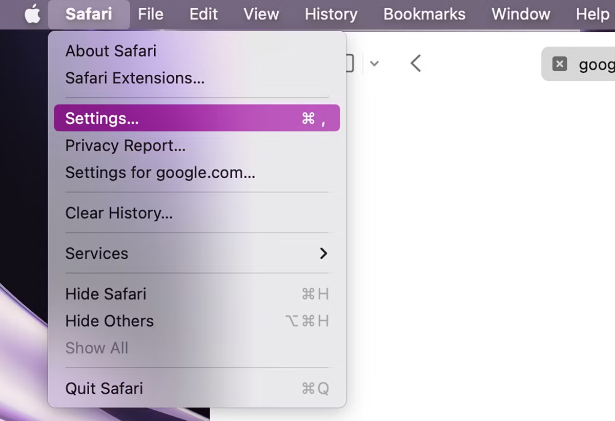 accessing safari menu from the menu bar on mac