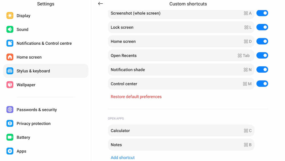 keyboard shortcuts xiaomi pad 6