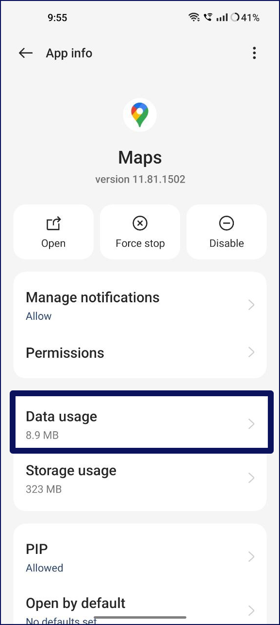 google maps app info data usage