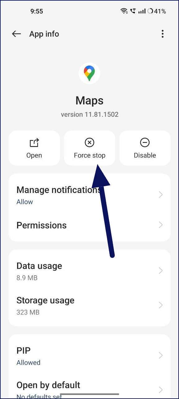 google maps app info force stop