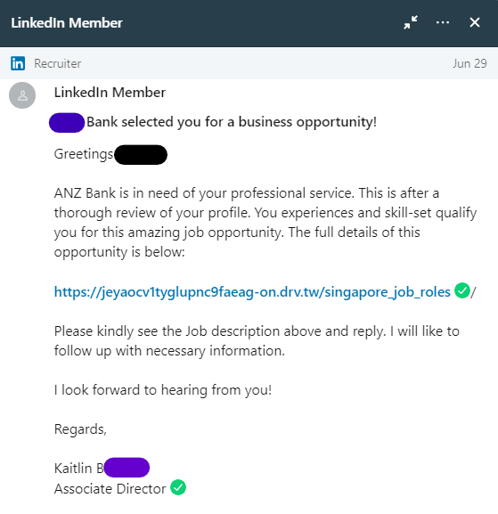 Fraude de oferta de emprego falsa no LinkedIn