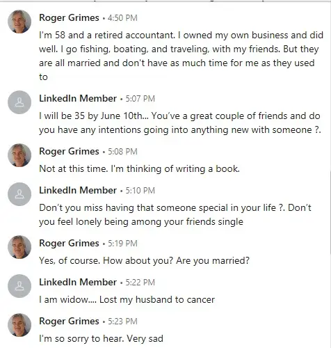 Exemplo de esquema de romance no LinkedIn