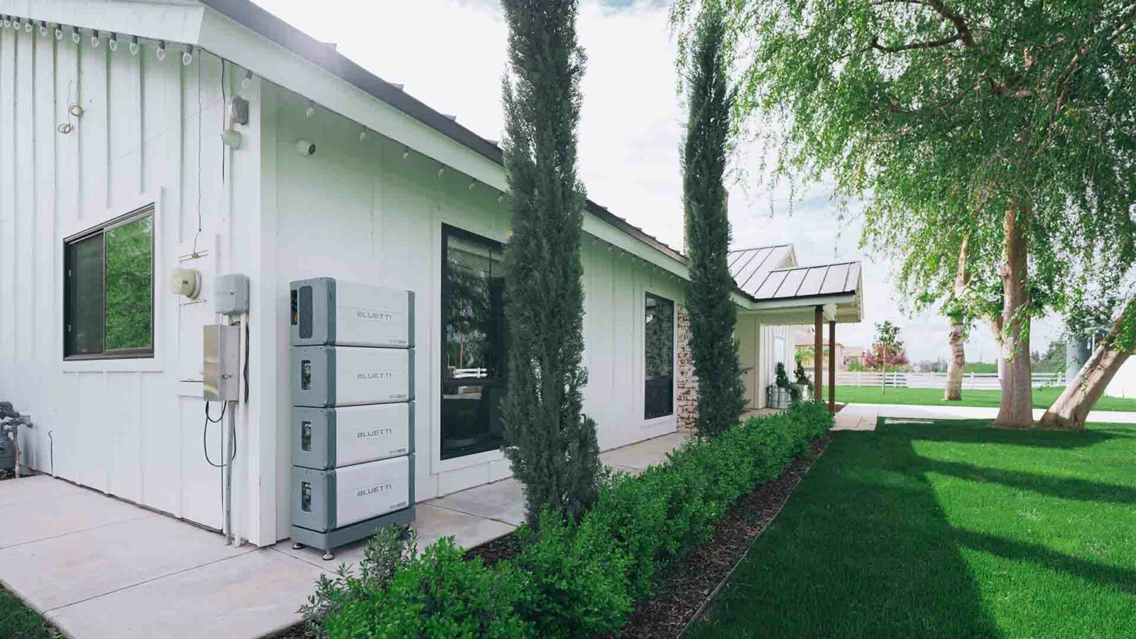 Un exuberante patio trasero con un árbol, césped, entrada para auto, acera y paisajismo rodea una casa de dos pisos con ventanas, revestimiento y una puerta, creando una hermosa propiedad al aire libre para una casa de bienes raíces.