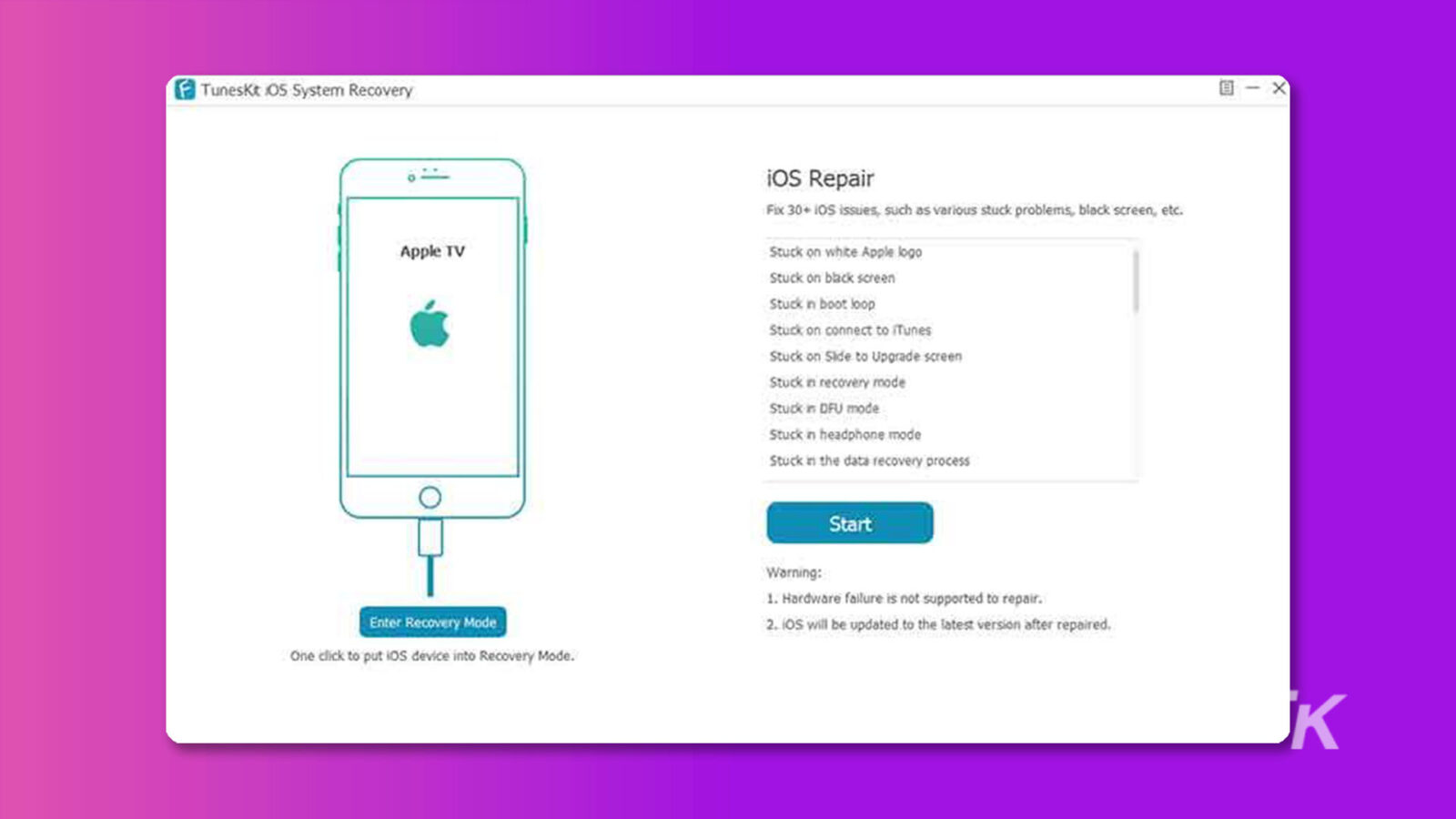 Esta imagem mostra as etapas para reparar vários problemas com uma Apple TV, como um logotipo branco da Apple preso, tela preta, loop de inicialização e muito mais. Texto Completo: F TunesKt 05 Recuperação do Sistema 0-> Reparo do SO Corrigir 30* Problemas do IOS, como vários problemas travados, tela preta etc. Travado na lateral para atualizar a tela Travado no modo de recuperação Travado no modo DFU Travado no modo de fone de ouvido Travado no processo de recuperação de dados Iniciar Aviso: 1. Falha de hardware não é suportada para reparo. Entre no modo de recuperação 2. (o sistema operacional será atualizado para a versão mais recente após o reparo. Um clique para colocar o dispositivo IOS no modo de recuperação. K