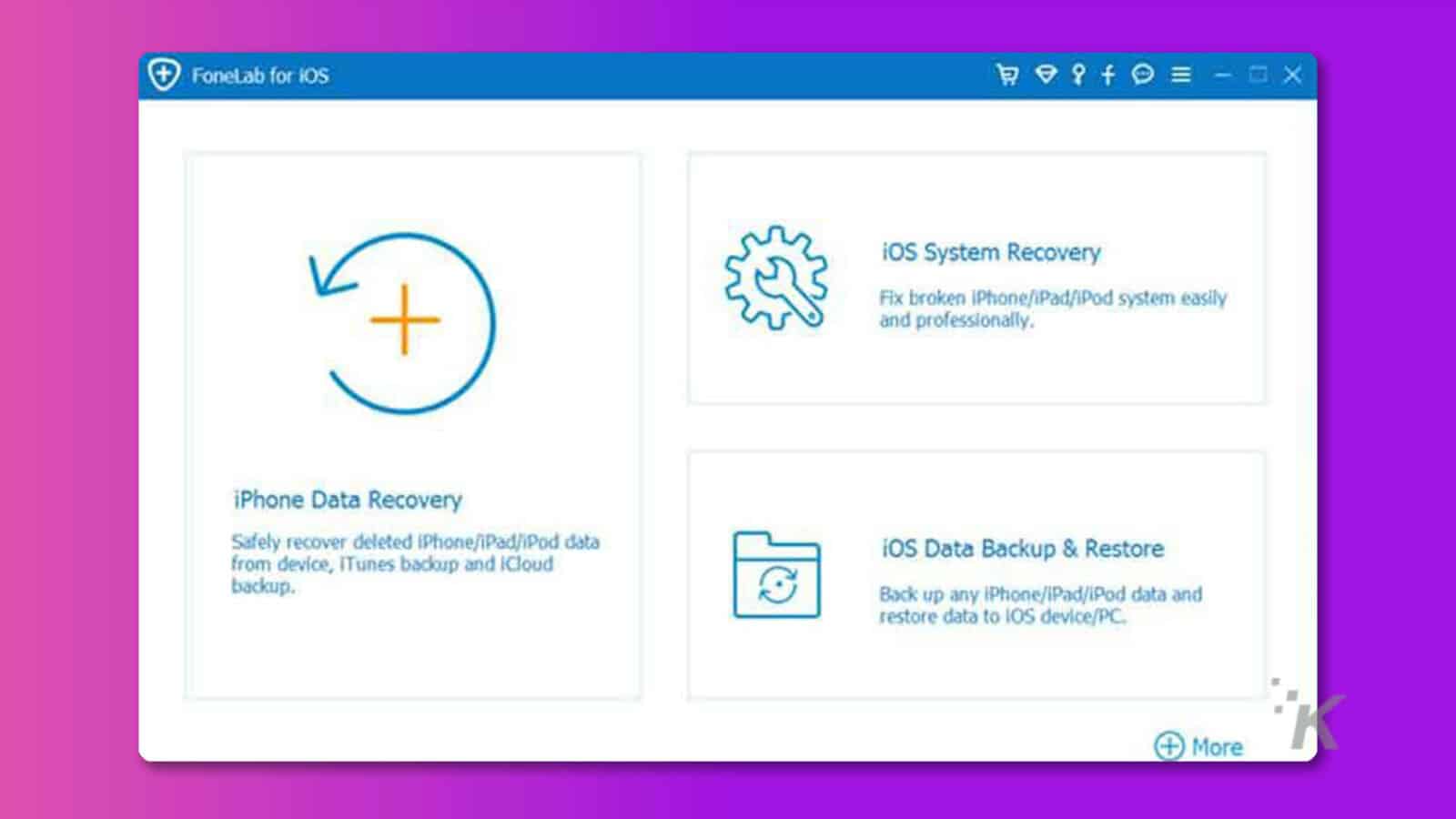 Esta imagen muestra las funciones de FoneLab para iOS, que es un software que puede ayudar a los usuarios a reparar de manera fácil y profesional dispositivos iOS dañados, recuperar datos eliminados y realizar copias de seguridad y restaurar datos. Texto completo: FoneLab para IOS Recuperación del sistema iOS + Repare el sistema roto de iPhone/iPad/iPod fácil y profesionalmente. Recuperación de datos de iPhone Recupere de forma segura los datos eliminados de iPhone/IPad/iPod del dispositivo, la copia de seguridad de iTunes y la copia de seguridad y restauración de datos de ICloud OS. Realice una copia de seguridad de los datos de iPhone/IPad/iPod y restaure los datos en el dispositivo/PC IOS. + Más