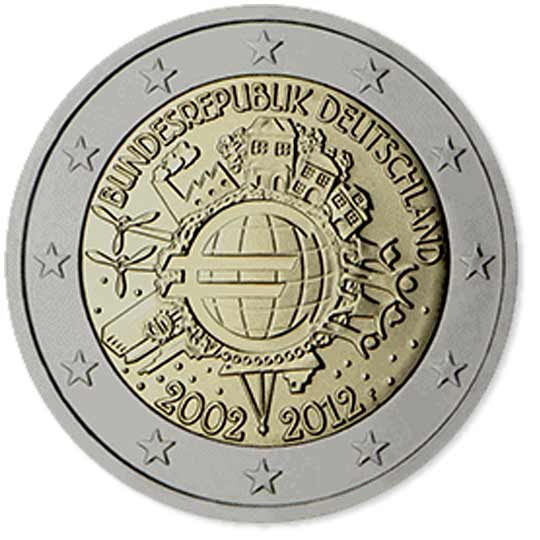 Moneda 2 Euros Alemania 2012 10 ANOS DE LAS MONEDAS Y BILLETES DE EURO