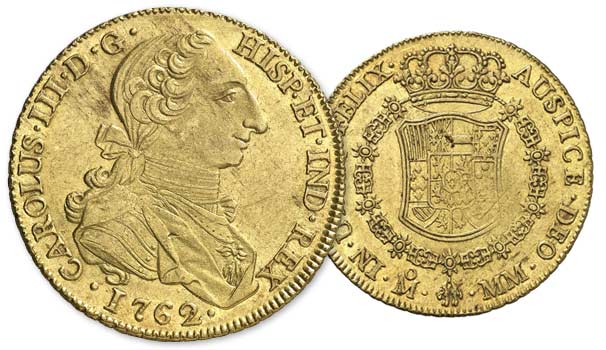 Moneda Pelucona. 8 Escudos Carlos III de 1762.