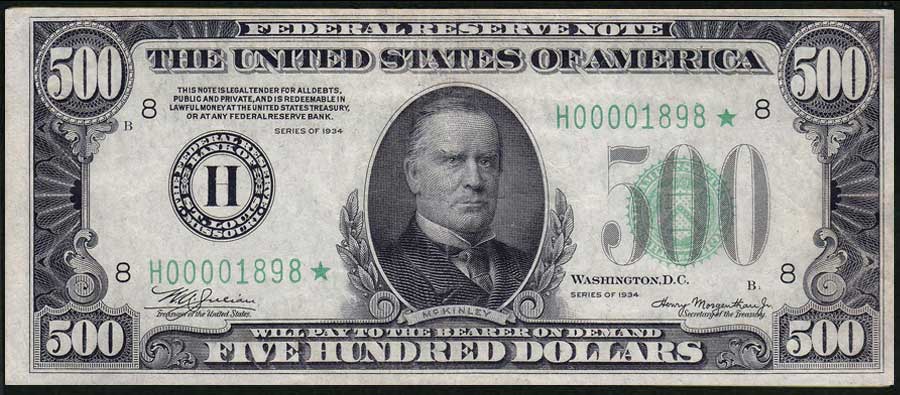  Billete de 500 dolares con William McKinley