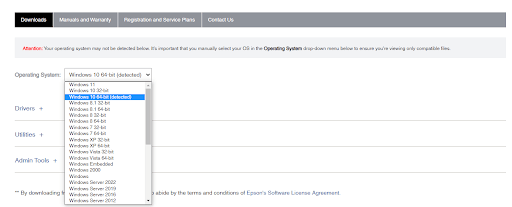 Select operating system in epson site