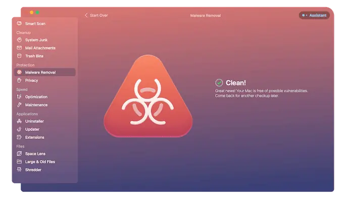 Antarmuka CleanMyMac X setelah penghapusan Malware