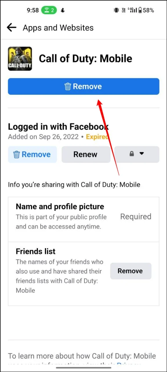facebook remove app and website