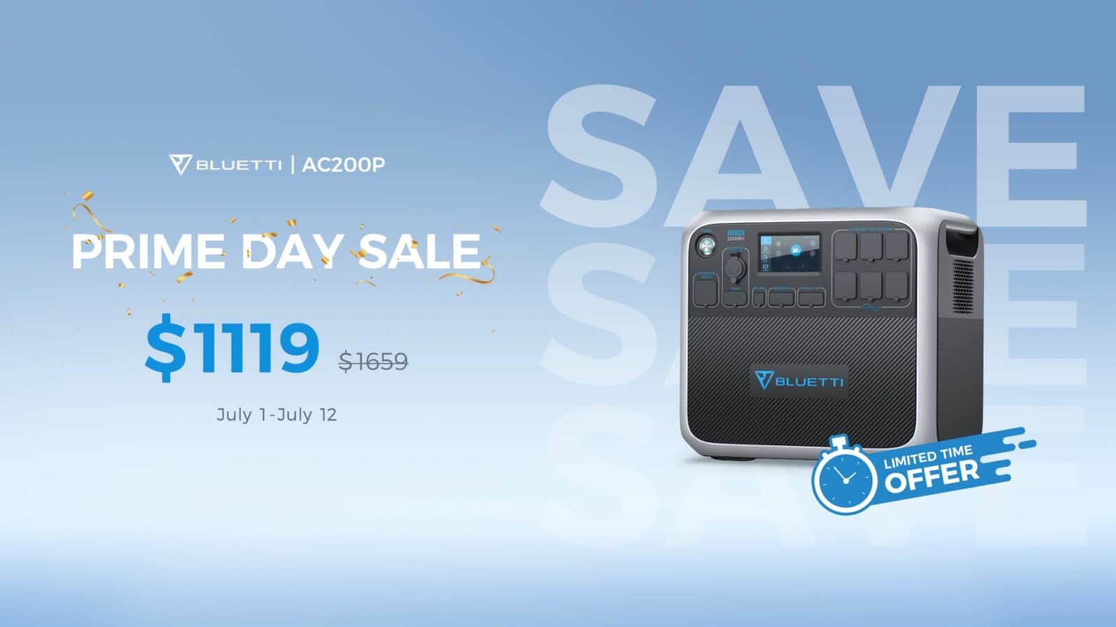 Gambar ini mengiklankan penawaran waktu terbatas dari Bluetti untuk AC200P Prime Day Sale mereka, menawarkan pembangkit listrik 2000W 2000Wh seharga $1119-$1659 mulai 1-12 Juli. Teks Lengkap: SIMPAN BLUETTI | AC200P PRIME DAY SALE S 2000W 2000Wh $1119 $1659 BLUETTI 1 Juli-12 Juli PENAWARAN WAKTU TERBATAS