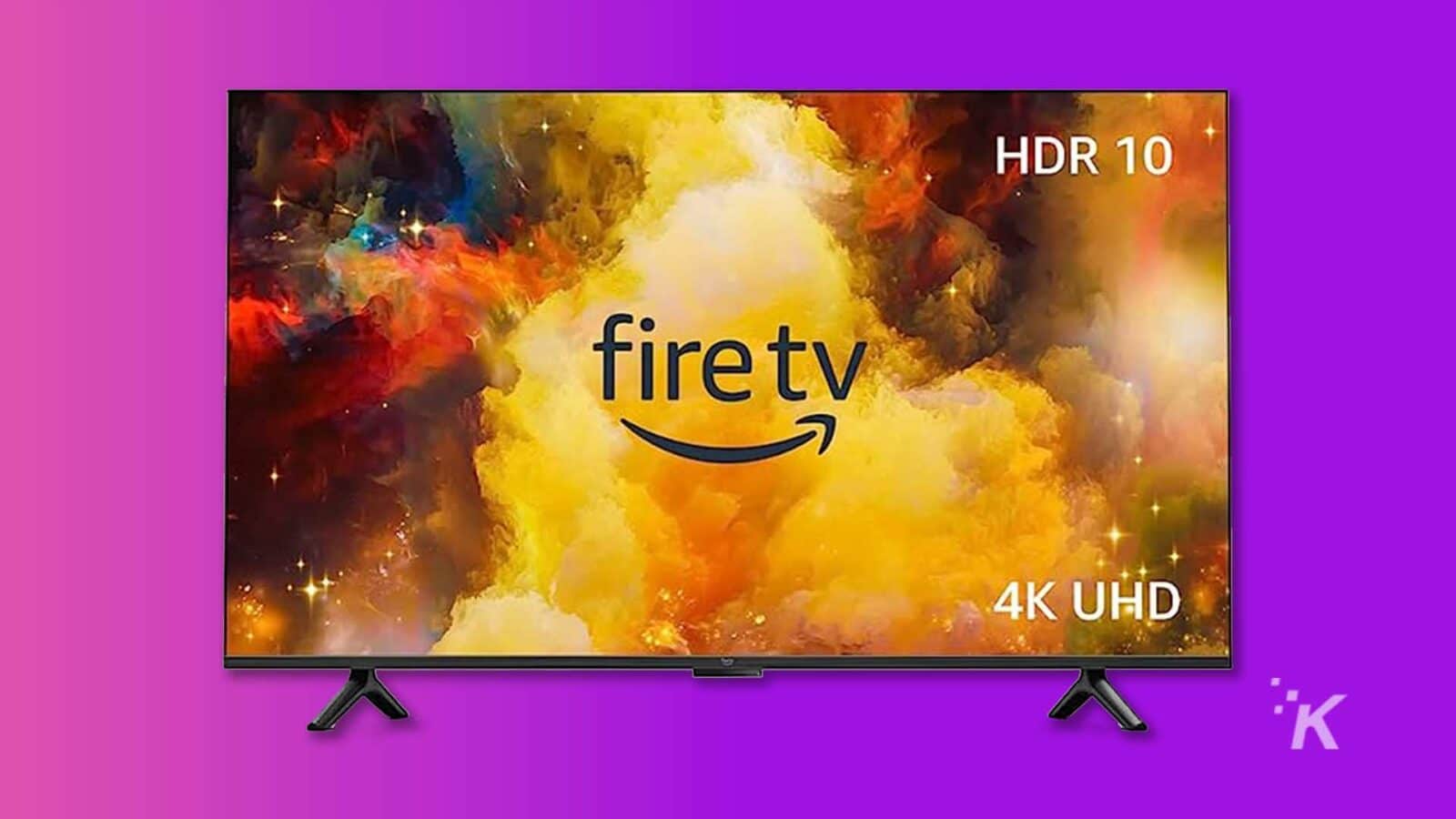 Questa immagine mostra la pubblicità di un prodotto per un dispositivo Fire TV 4K Ultra HD HDR 10. Testo completo: HDR 10 firetv 4K UHD *K