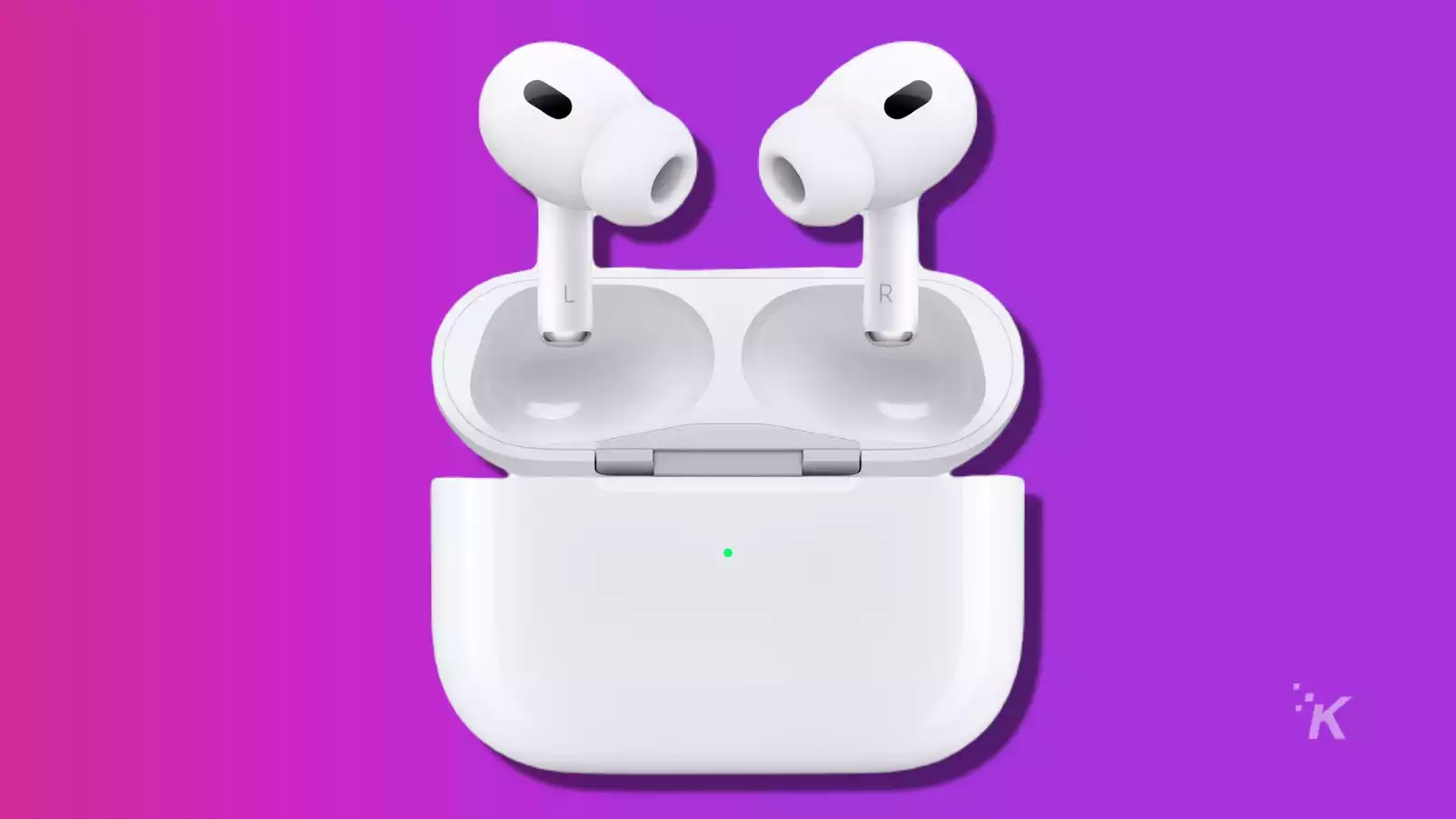 airpods pro 2 dengan latar belakang ungu