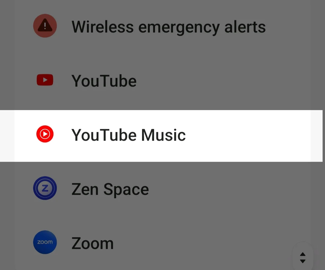 youtube music from the list of apps