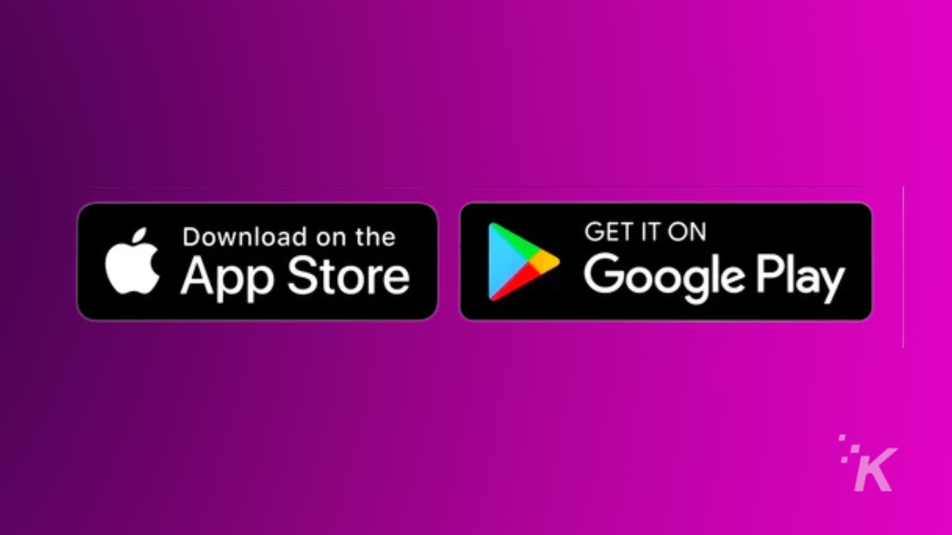 Imaginea promovează disponibilitatea unui produs pe App Store și Google Play. Text complet: Descărcați din GET IT ON App Store Google Play IK