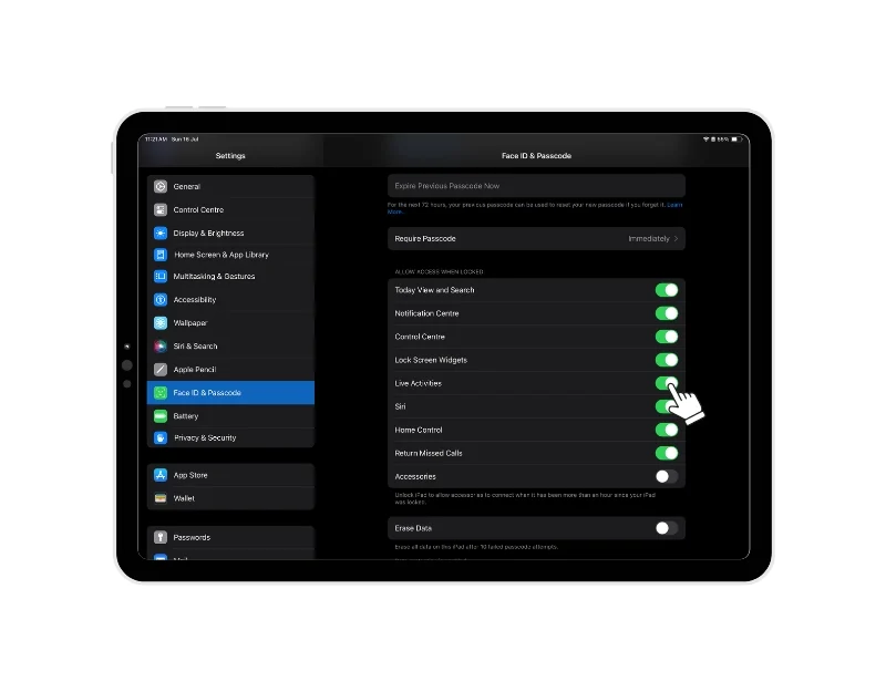 turn on live activities in the ipad settings