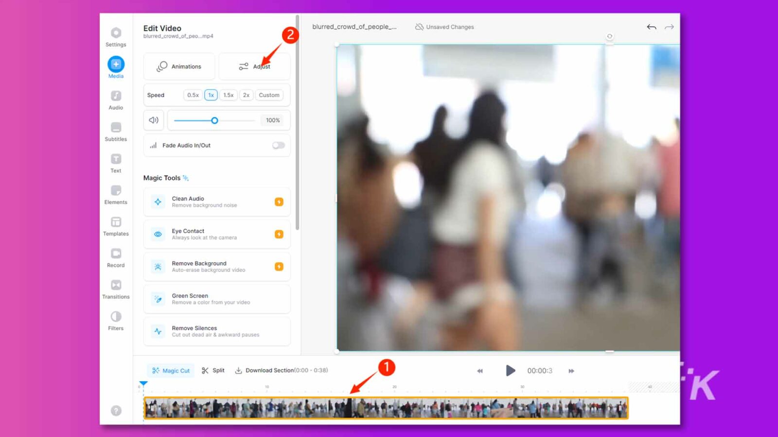 Esta imagen muestra una interfaz de edición de video con opciones para ajustar la velocidad, el audio, los subtítulos y las herramientas para editar el video, como eliminar el ruido de fondo, la pantalla verde y eliminar los silencios. Texto completo: Editar video blur_crowd_of_people _... 0 2 y cambios no guardados blur_crowd_of_peo ... mp4 Configuración Animaciones Ajustar velocidad de medios 0.5x 1x 1.5x 2x Audio personalizado 100% Los subtítulos se desvanecerán Entrada/salida de audio T Texto Herramientas mágicas, Elementos Limpiar audio Eliminar el ruido de fondo Plantillas Contacto visual Mirar siempre a la cámara Grabar Eliminar fondo Borrar automáticamente el fondo del video Transiciones Pantalla verde Eliminar un color de tu video Filtros Eliminar silencios Cortar el aire muerto y las pausas incómodas Magic Cut Split, sección de descargas (0:00 - 0 :38) 1 44 00:00:3 K 30 8 10