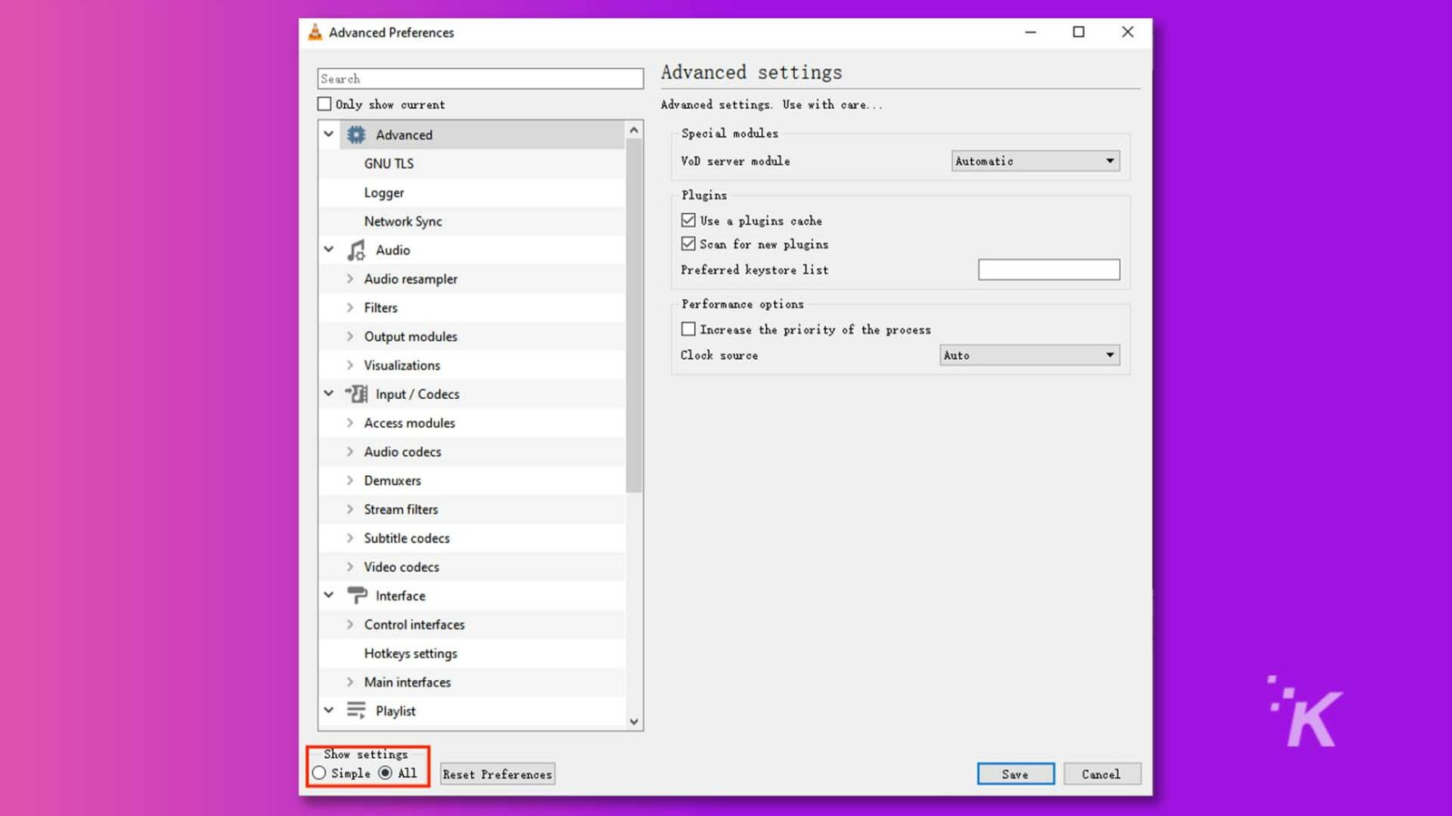 A imagem mostra ao usuário várias configurações avançadas de um programa, como plug-ins, filtros, codecs e interfaces. Full Text: & Advanced Preferences - X Search Advanced settings ] Mostra apenas as configurações avançadas atuais. Use com cuidado ... Avançado Módulos especiais GNU TLS Módulo de servidor VoD Logge automático Plugins Sincronização de rede Use um cache de plug-ins Pesquisa de áudio para novos plug-ins v > Reamostrador de áudio Lista de armazenamento de chaves preferencial > Filtros Opções de desempenho ›Módulos de saída Aumente a prioridade do processo Visualizações automáticas Origem do relógio v Ji Entrada / Codecs > Módulos de acesso > Codecs de áudio Demuxers > Filtros de fluxo > Codecs de legenda > Codecs de vídeo Interface > Interfaces de controle Configurações de teclas de atalho Interfaces principais ** K v = Lista de reprodução V Mostrar configurações O Simples O Tudo Redefinir preferências Salvar Cancelar