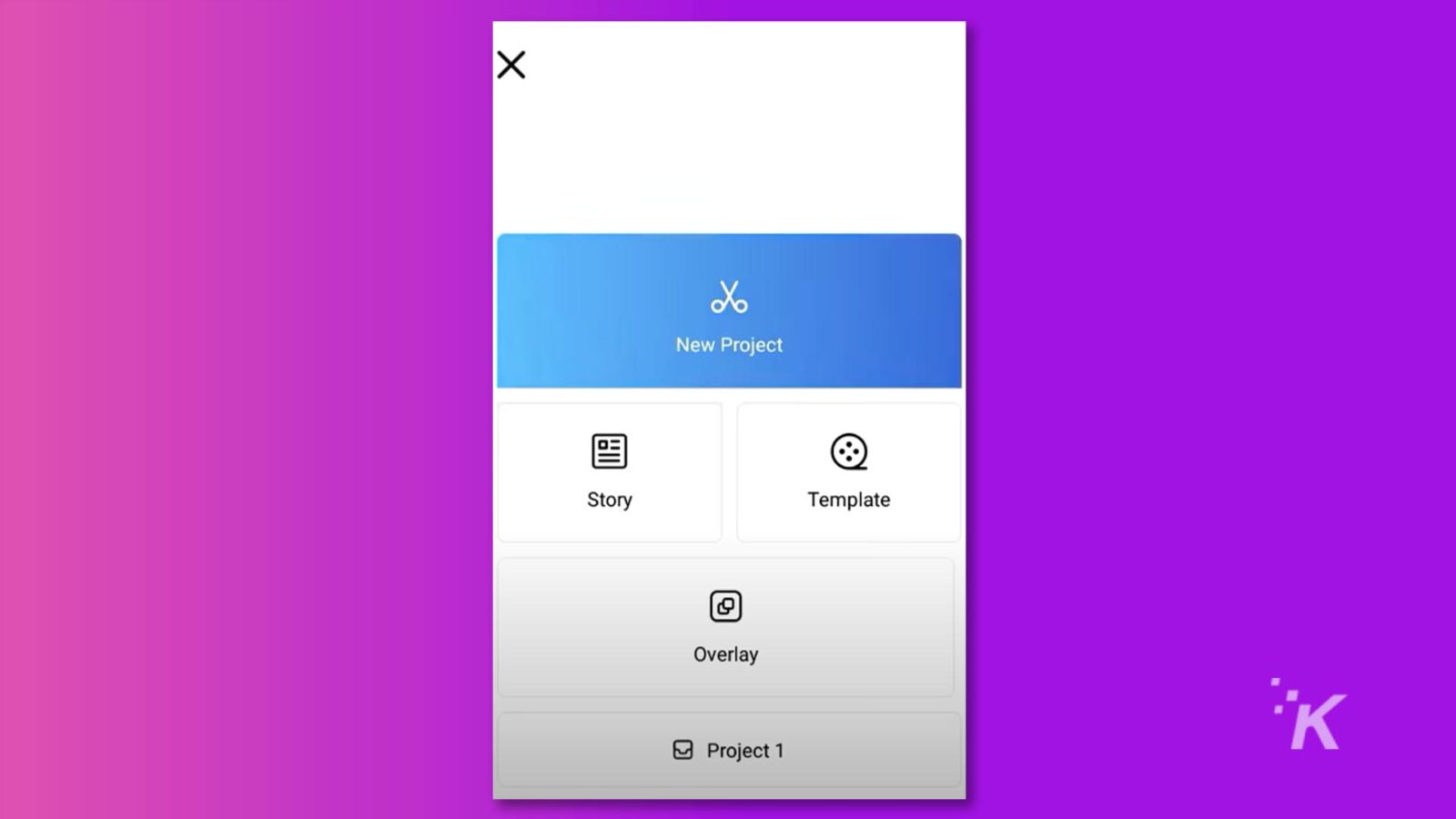 يتم إنشاء مشروع باستخدام قالب تراكب للمساعدة في توجيه القصة. النص الكامل: X X New Project Story Template Overlay · K Project 1