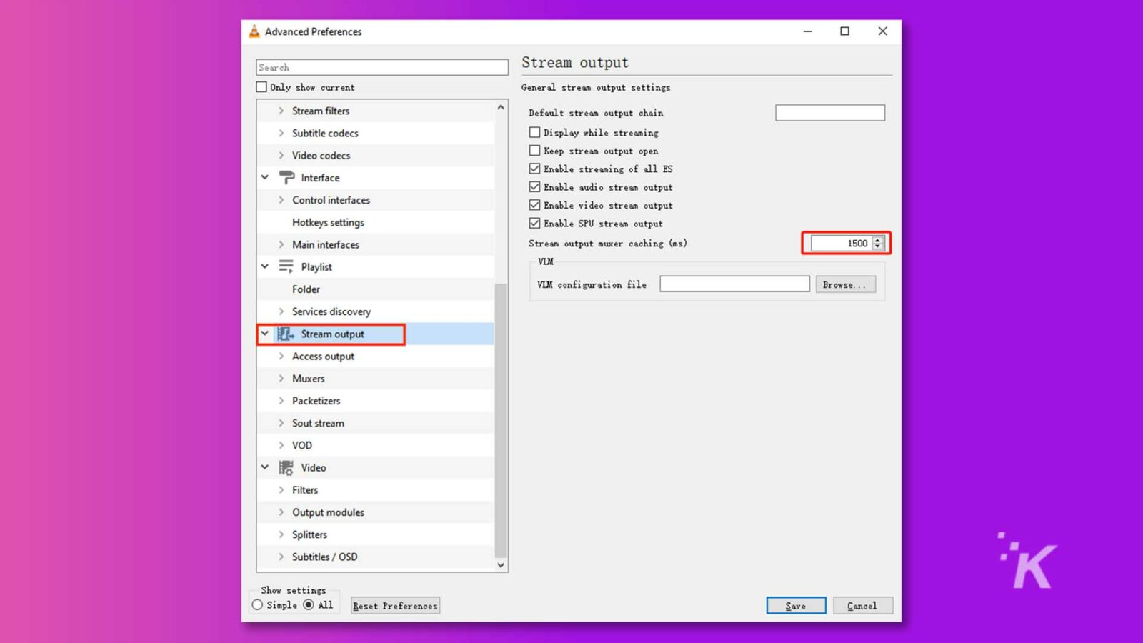 Esta imagen muestra la configuración para la transmisión de salida en un reproductor multimedia. Texto completo: & Preferencias avanzadas 0 X Buscar Salida de transmisión ] Mostrar solo configuración general actual de salida de transmisión > Filtros de transmisión Cadena de salida de transmisión predeterminada > Códecs de subtítulos Mostrar durante la transmisión > Códecs de video Mantener salida de transmisión abierta Interfaz Habilitar transmisión de todos los ES Habilitar salida de transmisión de audio Control interfaces Habilitar salida de transmisión de video Configuración de teclas de acceso rápido Habilitar salida de transmisión de SPU > Interfaces principales Caché muxer de salida de transmisión (ms) Lista de reproducción Carpeta VLM Archivo de configuración de VIM Examinar... Detección de servicios V . Salida de flujo > Salida de acceso > Muxers Empaquetadores Sout stream VOD v Filtros de video > Módulos de salida Divisores *K > Subtítulos / OSD Mostrar configuración O Simple O Todo Restablecer preferencias Guardar Cancelar