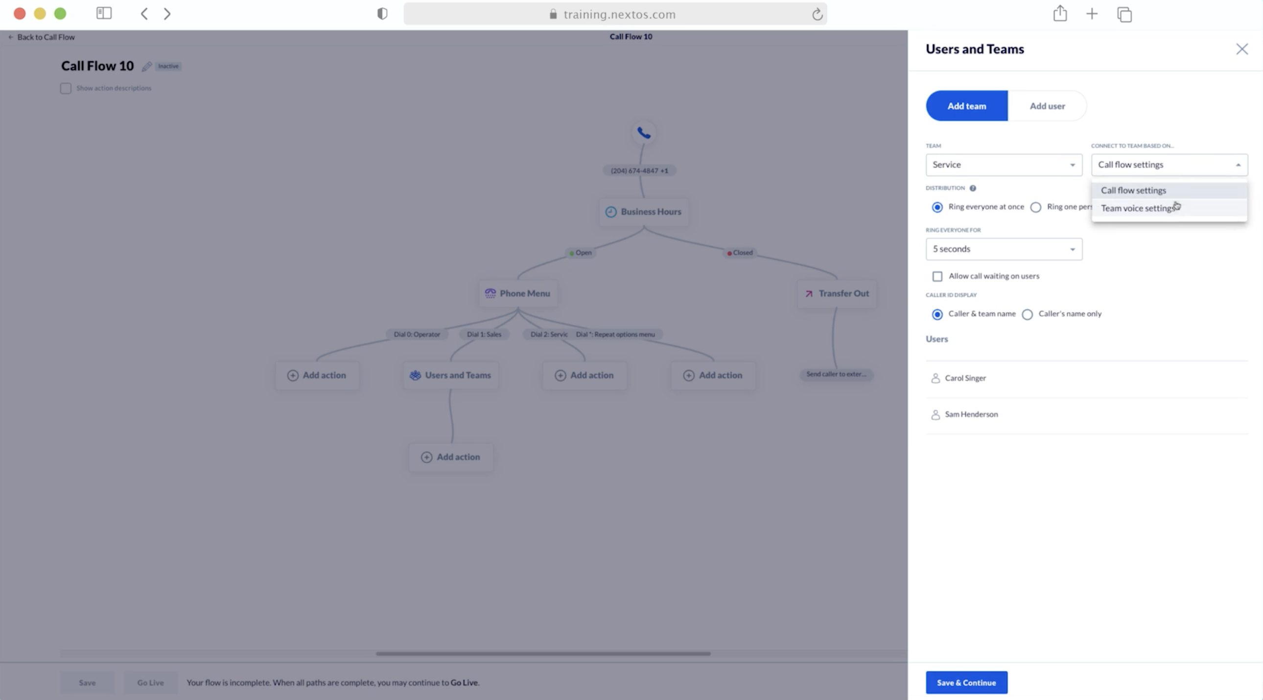 Projekt przepływu połączeń Nextiva IVR