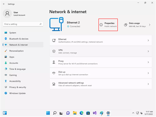 Properties option at the top if it does not say Private Network