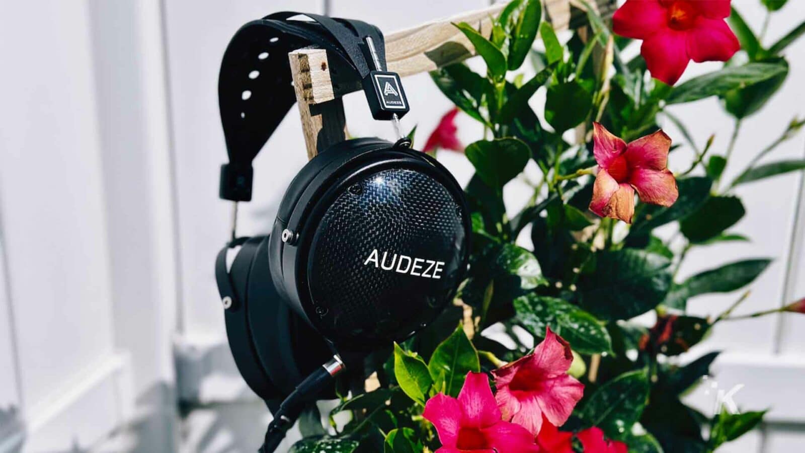 Sepasang headphone diletakkan di atas bunga yang semarak dan tanaman yang rimbun di dalam ruangan.