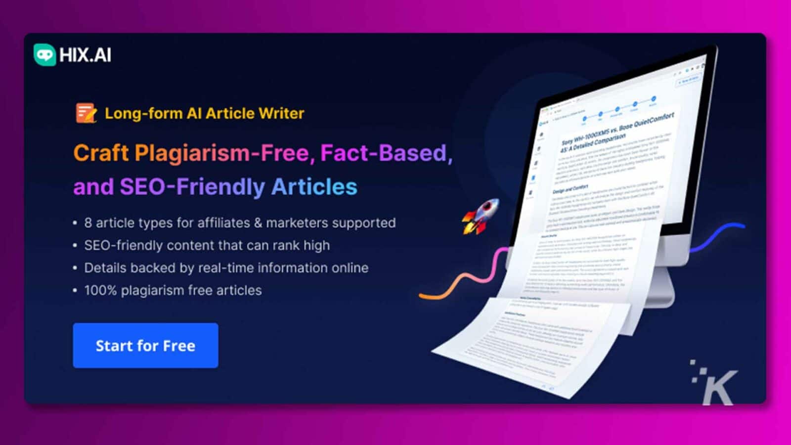 Această imagine face publicitate unui serviciu care oferă articole fără plagiat, bazate pe fapte, prietenoase cu SEO pentru afiliați și agenți de marketing. Text complet: HIX.AI Scriitor de articole în formă lungă, fără plagiat, bazat pe fapte, scuze WW-1000KMS vs. Bose QuietComfort 35: comparații detaliate și articole prietenoase cu SEO · 8 tipuri de articole pentru afiliați și agenți de marketing acceptate · SEO -conținut prietenos care poate avea un rang ridicat - · Detalii susținute de informații în timp real online Articole 100% fără plagiat Începeți gratuit