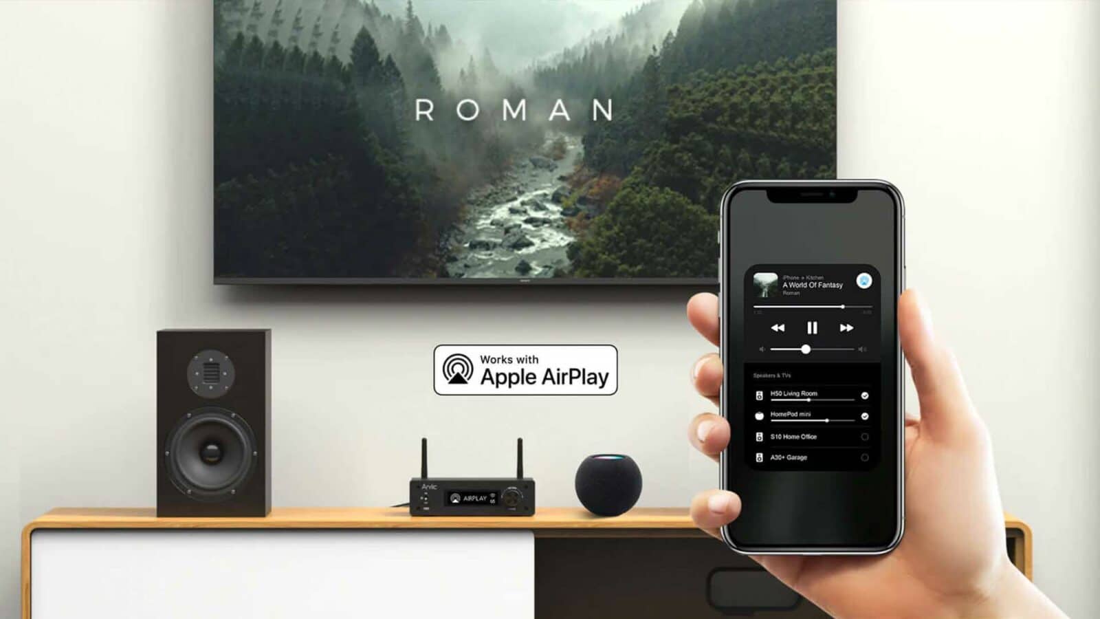 O persoană instalează un sistem de divertisment acasă cu difuzoare și televizoare Apple AirPlay. Text complet: ROMAN Prione a Kochen A World Of Fantasy Roman Funcționează cu Apple AirPlay Difuzoare și televizoare H50 Living Room Home Pod mani 6 10 USD Home Office 8 A30+ Garaj Avic .. AARPLAY&