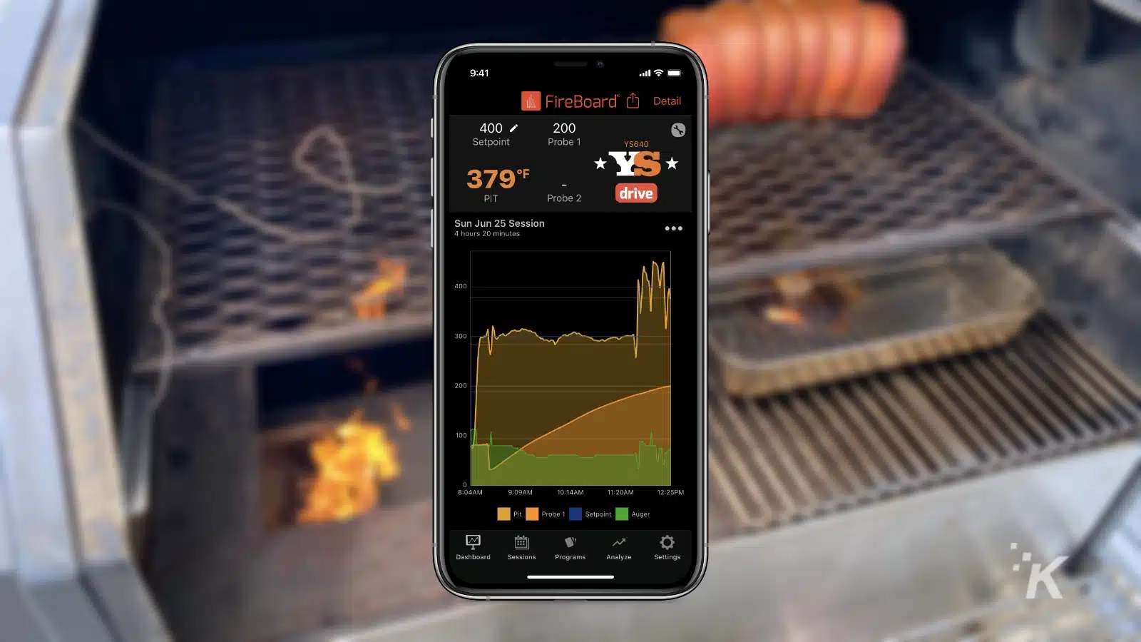 yoder Fireboard-App mit einem Bild von gebratenem Fleisch überlagert