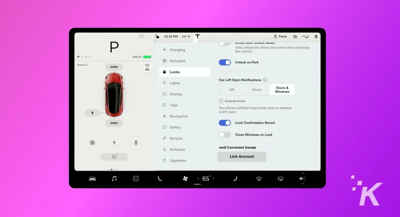 The image shows the settings for a Tesla Model 3, including notifications, locks, lights, and autopilot settings.