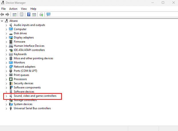 Sound, Video and game Controllers category and expand it