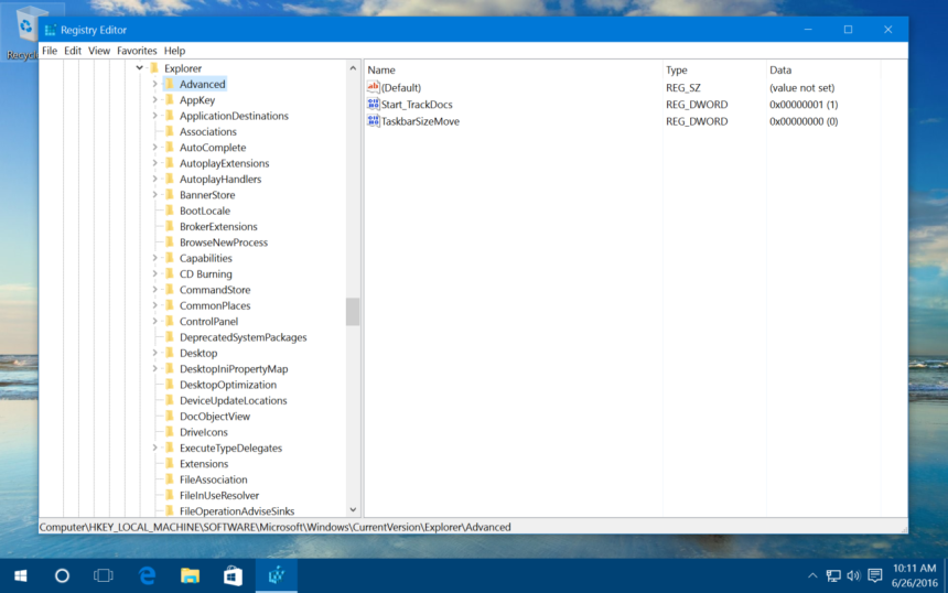 реестр панели задач windows 10