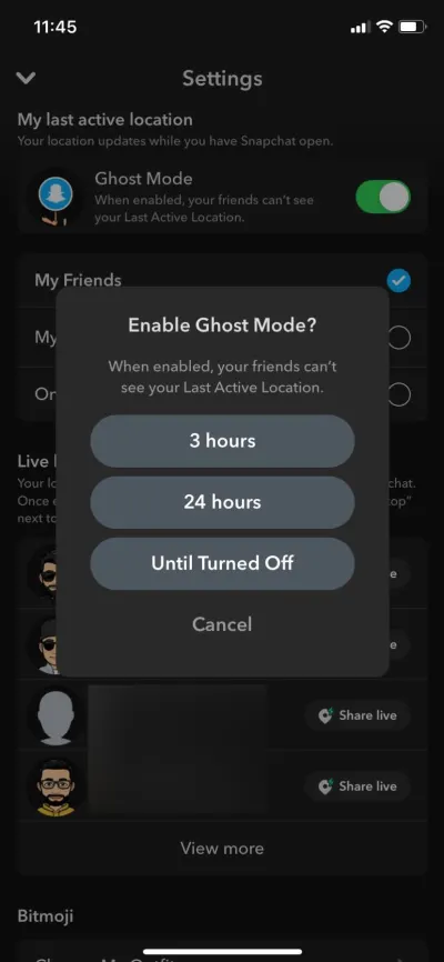 Limit czasu w trybie Snapchat Ghost